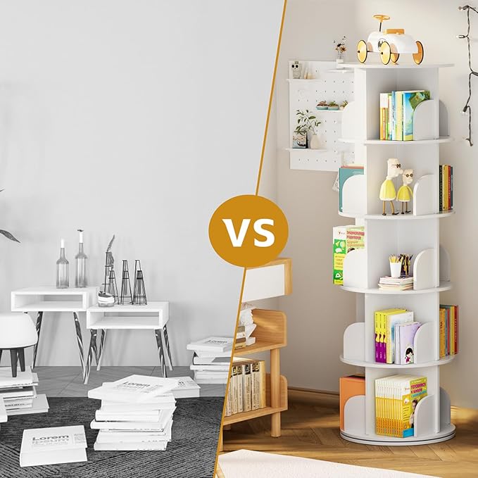 jxgzyy 5 Tier Rotating Bookshelf 62.6x18.1x18.1 Inch Corner Book Shelf 360° Display Spinning Bookcase Space-Saving for Bedroom, Living Room, Study, White