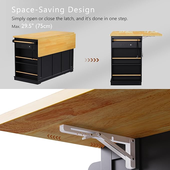 53" Large Kitchen Island with Drop Leaf,Power Outlet & Door Internal Storage Rack,Rolling Kitchen Cart on 5 Wheels W/ 5 Open Side Racks for Kitchen,Dining Room,Black(Not Include bar stools)