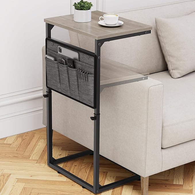 Vagusicc C Shaped End Table, 33'' Tall Side Table for Couch, Adjustable Height Small Couch Side Table for Small Spaces, C Table Slide Under Sofa Table TV Tray Arm Table for Living Room, Bedroom, Grey