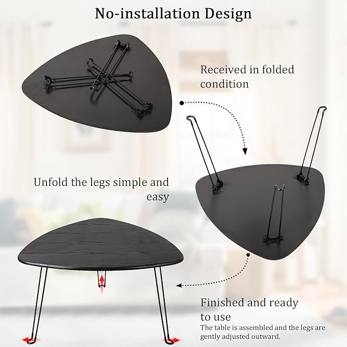 Black Folding Coffee Table Wooden Triangle Floor Table Desk for Sitting on The Floor Coffee Tables Small Oval Coffee Table Mid Century Modern Center Sofa Table for Living Room Home Office
