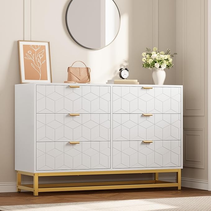 GAOMON White Dresser for Bedroom,Modern 6 Drawer Double Dresser with Gold Handles,Long Storage Organizer for TV Stand & Closet,Large Chest of Drawers for Living Room,Hallway,Entryway