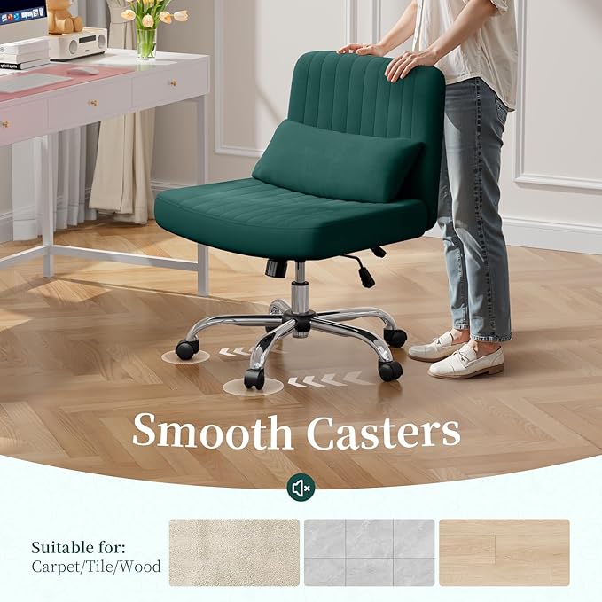 Warmiehomy Criss Cross Office Chair with Wheels, Velvet Cross-Legged Desk Chairs for Home, Armless Height Adjustable Swivel Wide Seat Computer Chair, Morden Vanity Chair for Women, Dark Green
