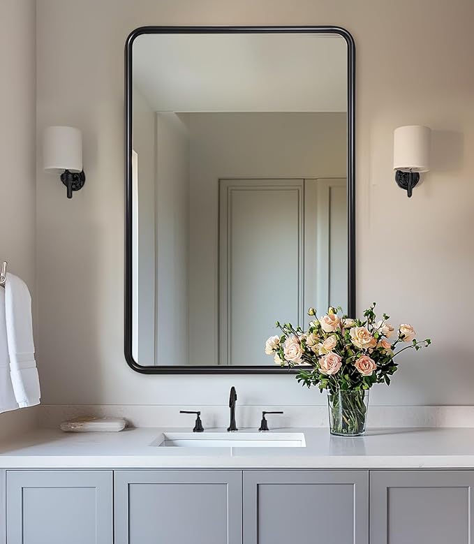 ANDY STAR Bathroom Mirror, 24x36 Inch Stainless Steel Metal Frame Black Rectangle Bathroom Mirror for Over Sink, Modern Rounded Corner Black Vanity Mirrors for Wall, Hangs Horizontally or Vertically