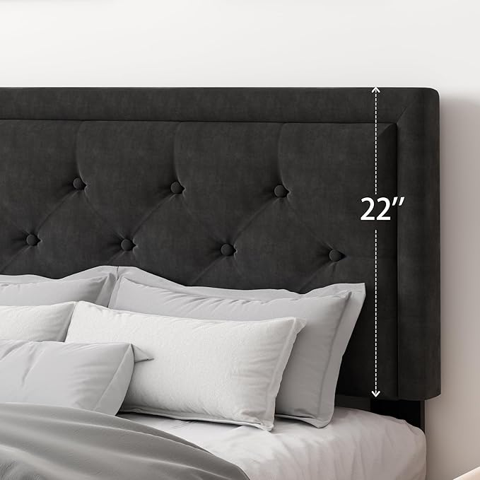 Full Size Platform Bed Frame with Upholstered Velvet Button Tufted Headboard, Mattress Foundation with Wooden Slat Support, No Box Spring Needed, Easy Assembly, Noise Free, Black