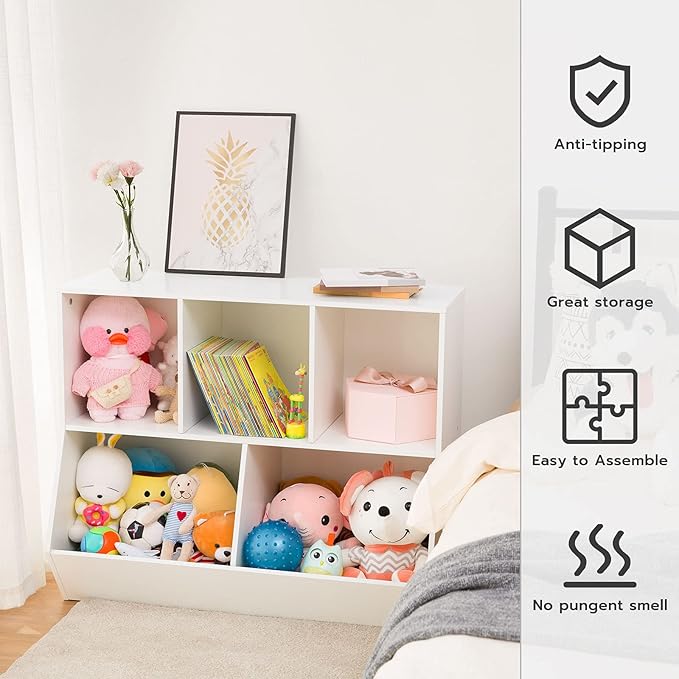 HOOBRO Kids Bookshelf, Bookcase Footboard, Toy Storage Cubby, Children's Toy Shelf, 35.4" L Storage Cabinet, Fit for Children's Room, Playroom, Hallway, Kindergarten, White WT32CW01