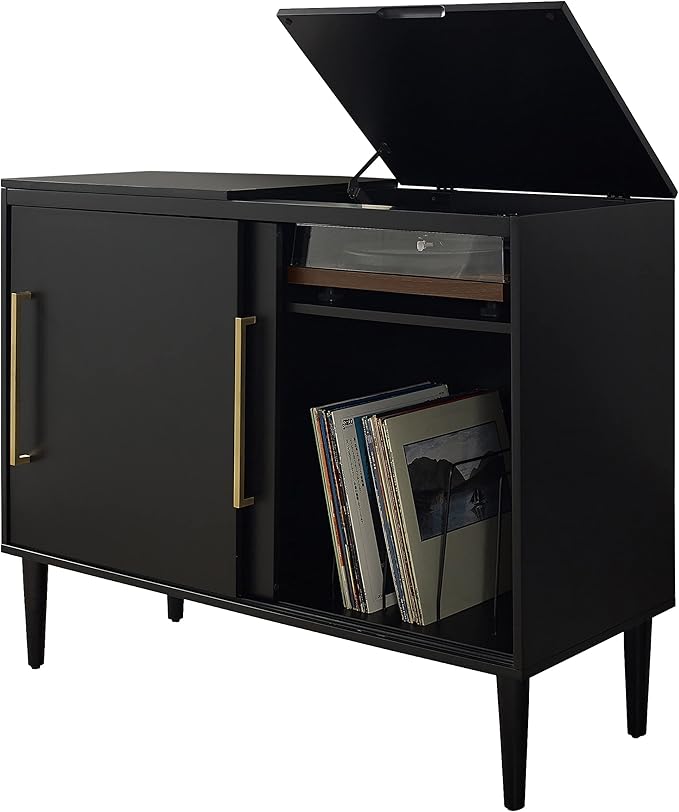 Crosley Furniture Everett Media Console and Record Player Stand with Storage for Vinyl Records, Matte Black