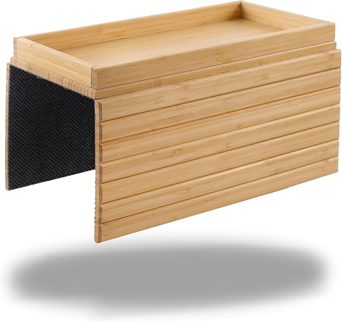 DETOR Couch Arm Tray, Foldable Sofa TV Tray with Capacious 12.4" x 5.4" Storage Box, Natural Bamboo Finish, Enhanced Nonslip Felt Bottom, Sturdy Bamboo Slats Material | for Armrests 6" and Wider