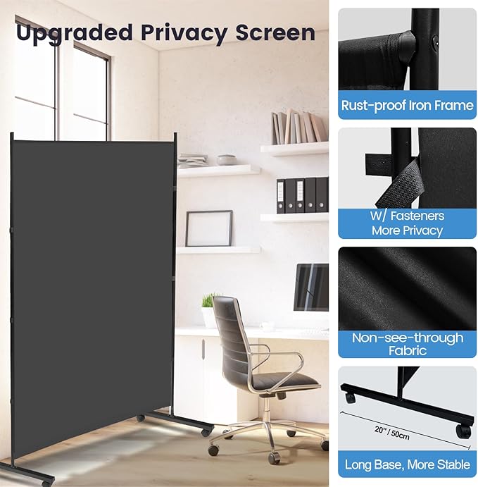 MAYOLIAH Large Single Panel Room Divider on Wheels, 71”W x 75”H Rolling Privacy Screen, Portable Wall Divider for Home Office Partition, Grey