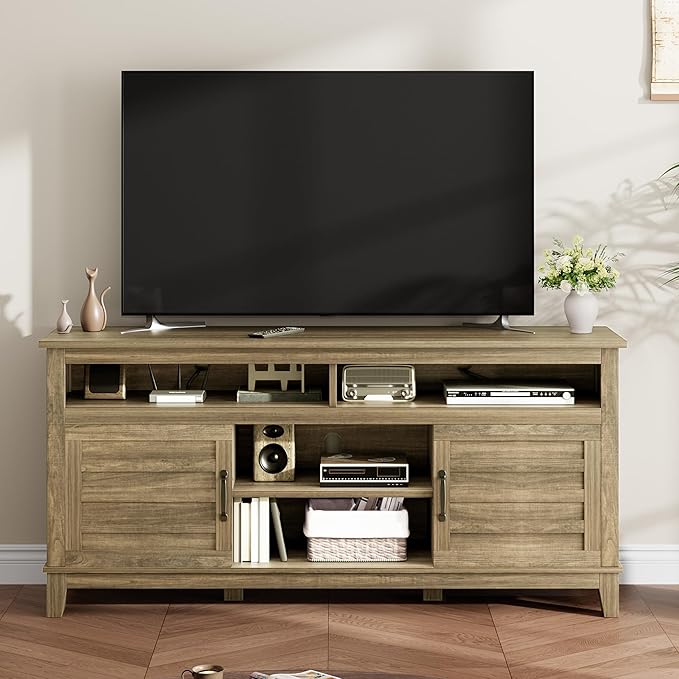 GarveeHome TV Stand for 63 in, Entertainment Center with Adjustable Shelves, Farmhouse TV Stand with Cabinet Doors,for Living Room, Bedroom (Wood Color, 63)