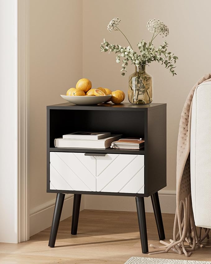 Nightstand,Bedside Table with Gold Frame, Black Night Stand, Modern Bedside Furniture,End Table with Drawer and Shelf for Bedroom,Living Room