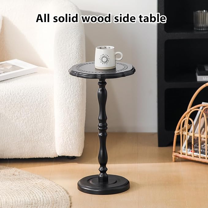 Drink Table, Small Side Table for Small Spaces, Round Solid Wood Modern Accent Nightstand for Living Room, Bedroom, Corners and Office, Black