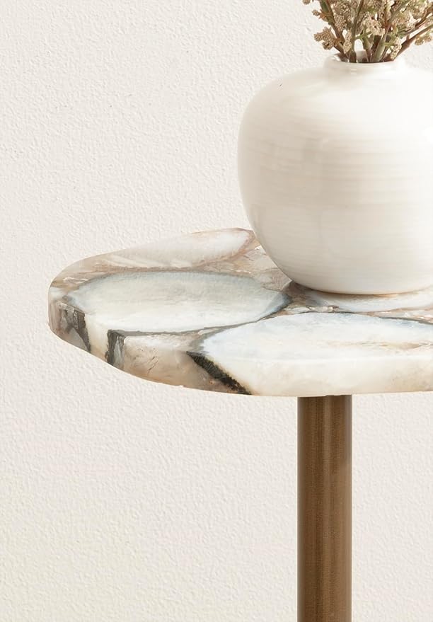 Kate and Laurel Tira Elegant Wavy Round Drink Table, 10 x 10 x 24, Natural Agate and Antique Brass, Vintage Scalloped Circular Mini Table with One-of-a-Kind Stone Tabletop for Indoor Plant Stand