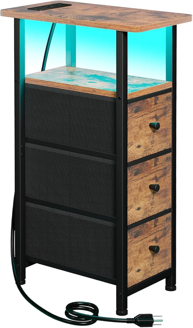 Narrow End Table Living Room with Charging Station, Skinny Side Table with Fabric Drawers, Slim LED Nightstand for Bedroom, Small Spaces, Couch, Brown, HETNDP03LBR-1