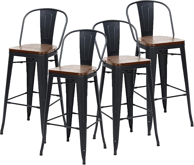 Changjie Furniture 30 Inches Metal Barstools Set of 4 Counter Height Bar Stools Industrial Stools with Backs High Back Chairs for Kitchen Island (30 Inch, Black)