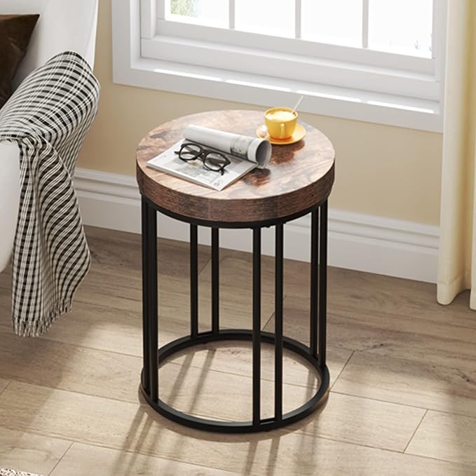 LITTLE TREE Round End Table, Industrial Side Table Small Accent Table, Metal Circle C Table Bed Side Table for Living Room Sofa Side Couch, Bedroom, Easy Assembly, Space Saving (Brown, 1PC)