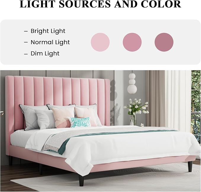 SHA CERLIN King Bed Frame/Velvet Upholstered Platform Bed Frame with Headboard/Strong Wood Slats Support/Mattress Foundation/No Box Spring Needed - Pink