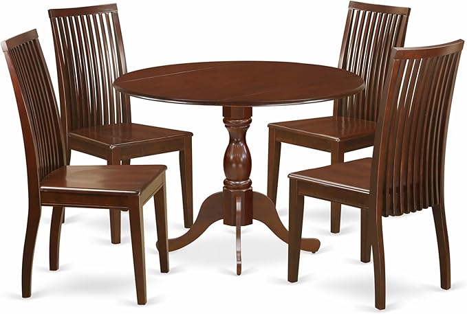East West Furniture DMIP5-MAH-W 5 Piece Dining Table Set for 4 Includes a Round Kitchen Table with Dropleaf and 4 Kitchen Dining Chairs, 42x42 Inch, Mahogany