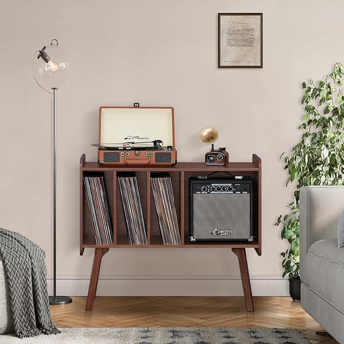 Lerliuo Record Player Stand with 4 Cabinet Holds Up to 220 Albums, Large Turntable Stand with Beech Wood Legs, Mid-Century Record Player Table,Walnut Vinyl Holder Storage Shelf for Bedroom Living Room