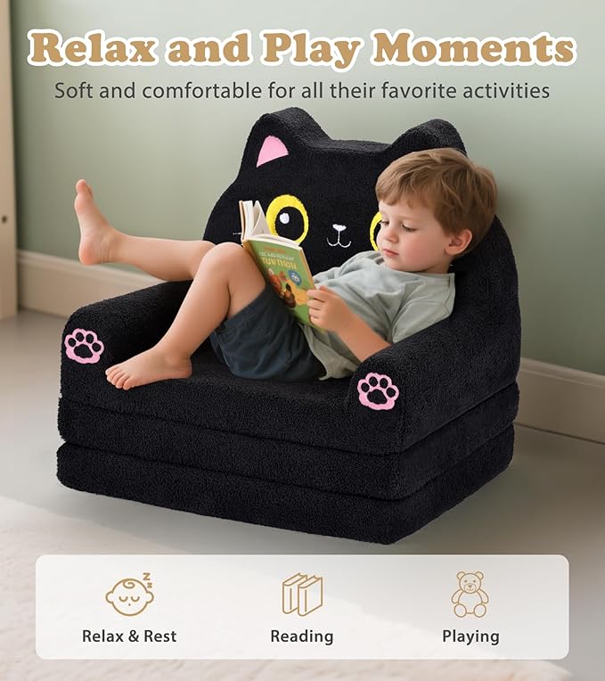 Kids Couch, 2-in-1 Soft Toddler Couch Fold Out with Blanket, Chair Comfy, Foldable Convertible Plush Sofa to Lounger, Gifts for Kids Girl Boys, Black Kitty
