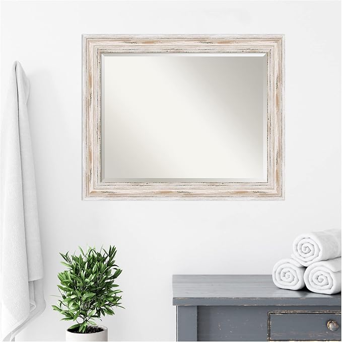 Amanti Art White Bathroom Mirror for Over Sink, 27x33 Alexandria White Wash Rectangle Vanity Mirror, Large Coastal Wood Frame, Hangs Horizonally and Vertically, Bathroom Wall Decor, Beveled Edge