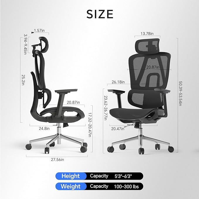 Ergonomic Office Chair with 3D Lumbar Support/Headrest/Armrest/, Mesh Executive Office Chair with Seat Depth & Height Adjustment, Big and Tall Desk Chair with 3-Gear Lock Recline for Long Hours
