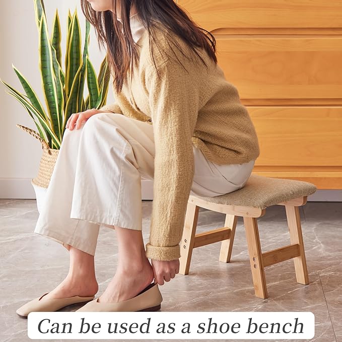 Foot Stool,Ottoman,Bamboo Small Sofa Foot Rest Under Desk,Extra Seating for Living Room, Bedroom and Kitchen (Natural Stool Legs - Beige Surface)