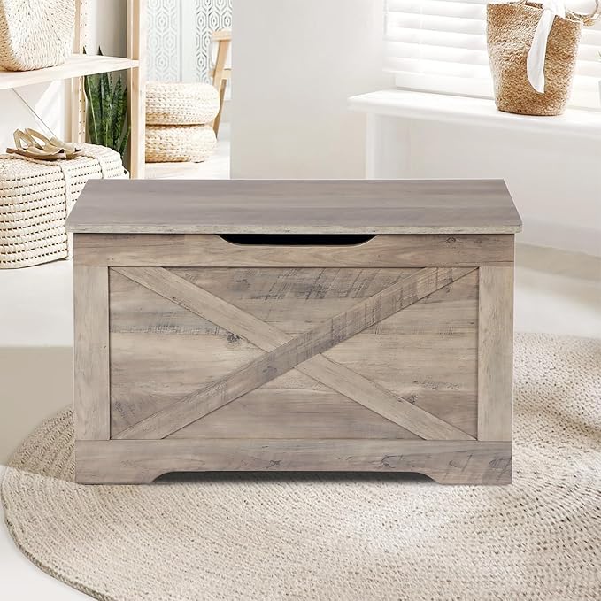 Storage Chest, Wooden Storage Bench, Entryway Shoes Bench with 2 Safety Hinges, Retro Storage Trunk for Living Room,Bedroom, 15.7 x 31.5 x 18.9 Inches, Grey
