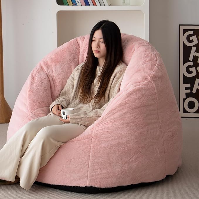 N&V Large Shell Bean Bag Chair, Adult Size Bean Bag Sack, Foam Filling, Includes Removable and Machine Washable Cover, 40in, Soft Faux Fur, Pink