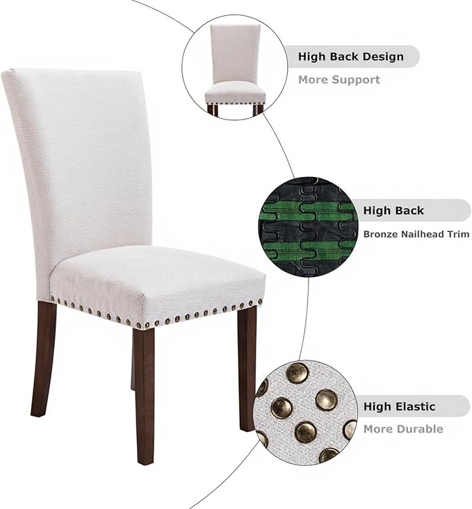 Set of 2 Beige Upholstered Dining Chairs – Farmhouse Kitchen Chairs with High Back, Solid Rubberwood Legs, Padded Foam Seat & Bronze Nailhead Trim, Comfortable Dining Room Chairs for Home, Living Room