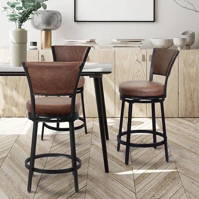 Bar Stools Set of 2, 25 Inch Metal Counter Height Bar Chairs, Modern Faux Leather 360° Round Swivel Barstools with Back, Counter Stools for Kitchen Island, Pub, Brown