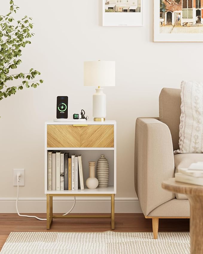 Nightstand with Charging Station, Boho Night Stand Wood Farmhouse Bedside Table with Storage, End Side Accent Table for Bedroom,Living Room,White