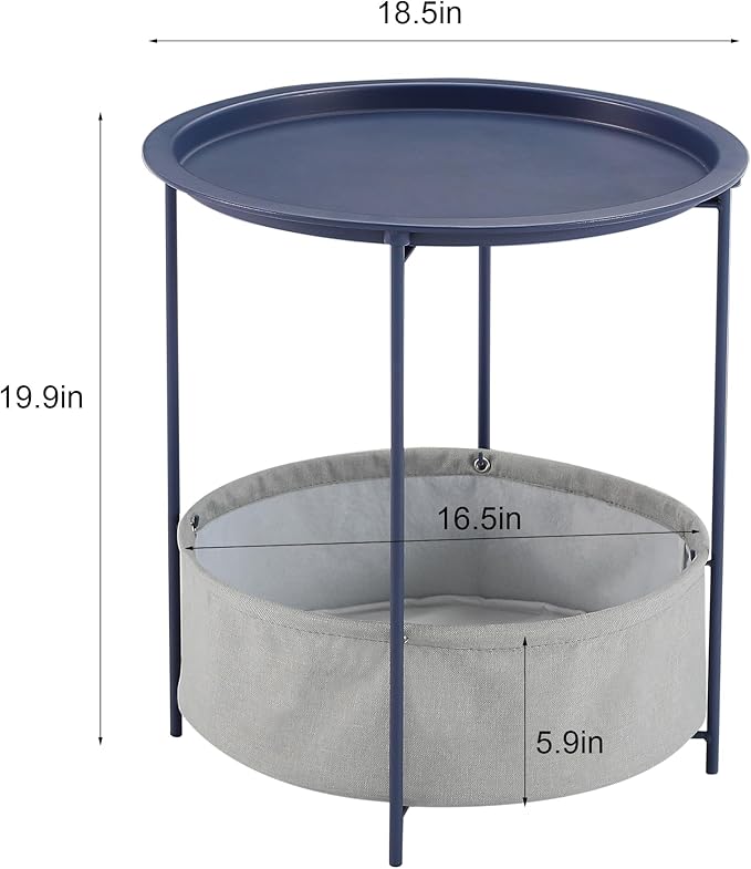 VECELO Round Side/End Table with Fabric Storage Basket，Metal Anti-Rust and Waterproof Small Bedside Nightstand with Removable Tray Top for Living Room，Balcony & Laundry，Blue /1pcs with Basket