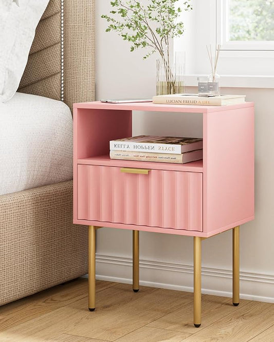 Nightstand,Modern Bedside Table with Gold Frame,Pink Night Stand,Bedside Furniture, Modern Side Table with Drawer and Shelf for Bedroom,Living Room (Pink)