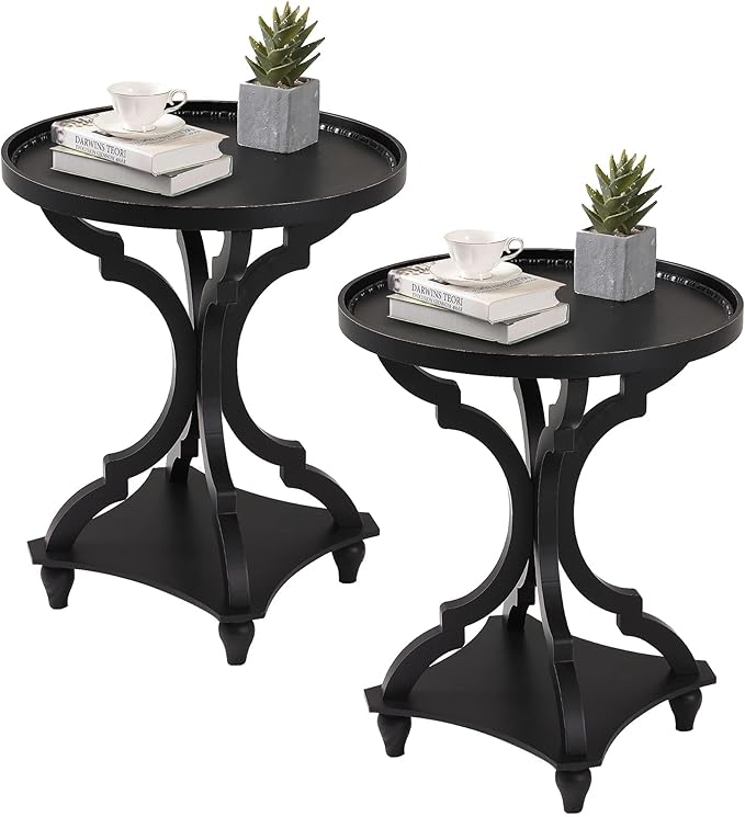 Wnutrees Farmhouse Round Accent End Table, Rustic Side Table Nightstands for Living Room, Wood Tray Top, Handcrafted Finish, Set of 2, Black