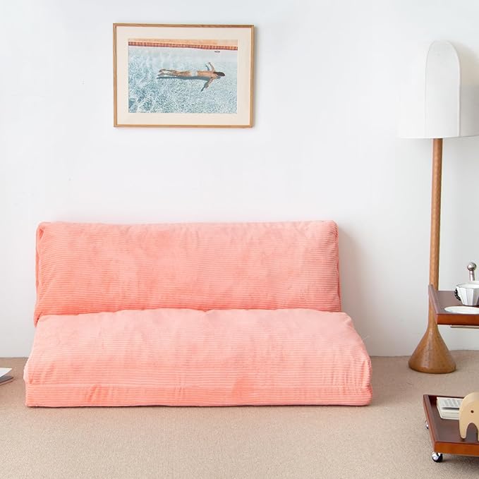 N&V L92×W58 Inch Large Folding Matress Sofa Bean Bag, Foam Filling Folding Matress Sofa, Includes Removable and Machine Washable Cover, Patent No.: US D1,018,079 S (Salmon Pink, Large Corduoy), 94024