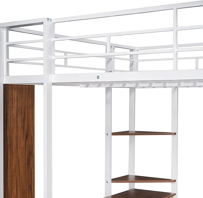 Full Size Metal Loft Bed with 2 Storage Shelves and 1 Desk,Steel Structure Bed Frame W/ 2 Build-in Ladders & Full-Length Guardrails,No Box Spring Needed,for Kids Teens Adults,White