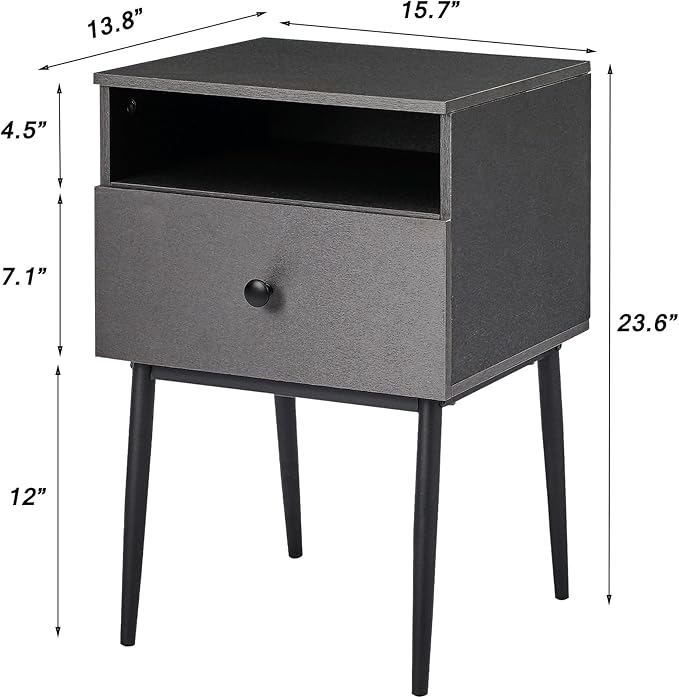 VECELO Modern Wood Night Stand,Square End Table Side Table with Drawer and Storage Space Gray Bedside Table for Bedroom Living Room Office