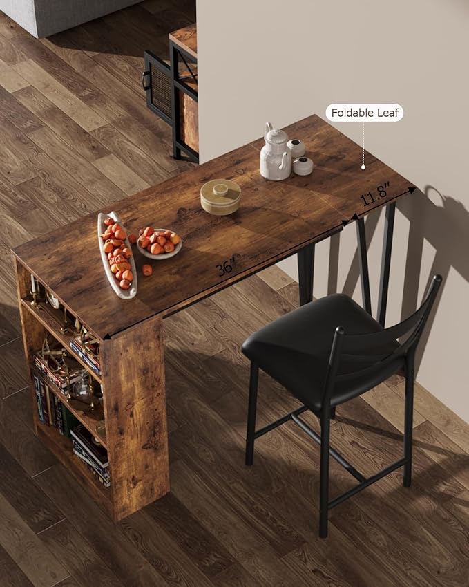 Garvee Bar Table and Chairs Set, 3 Piece Bar Table Set with with Flip Top Extension and Storage Shelves, Dining Table Set for 2, Suitable for Small Space Kitchen Apartment, Brown