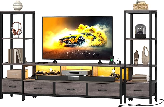 DWVO Entertainment Center with Bookshelves, LED TV Stand for 65/60 inch TV, Farmhouse TV Stand for Living Room with 2 Industrial 4-Tier Bookshelves & Power Outlets, Grey