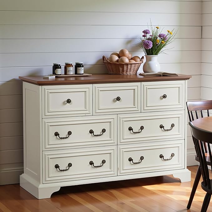 47.2" Farmhouse Sideboard Buffet Cabinet with Storage, Kitchen Buffet Storage Cabinet with 7 Drawers, Modern Wood Accent Sideboard for Living Room, Kitchen, Hallway(Antique Brown+White)