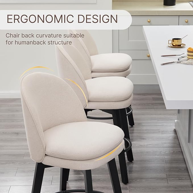 Counter Height Barstools 26 inch Upholstered Swivel Bar Stools with Back and Wood Legs for Kitchen Island,Set of 2,Beige Fabric-Armless