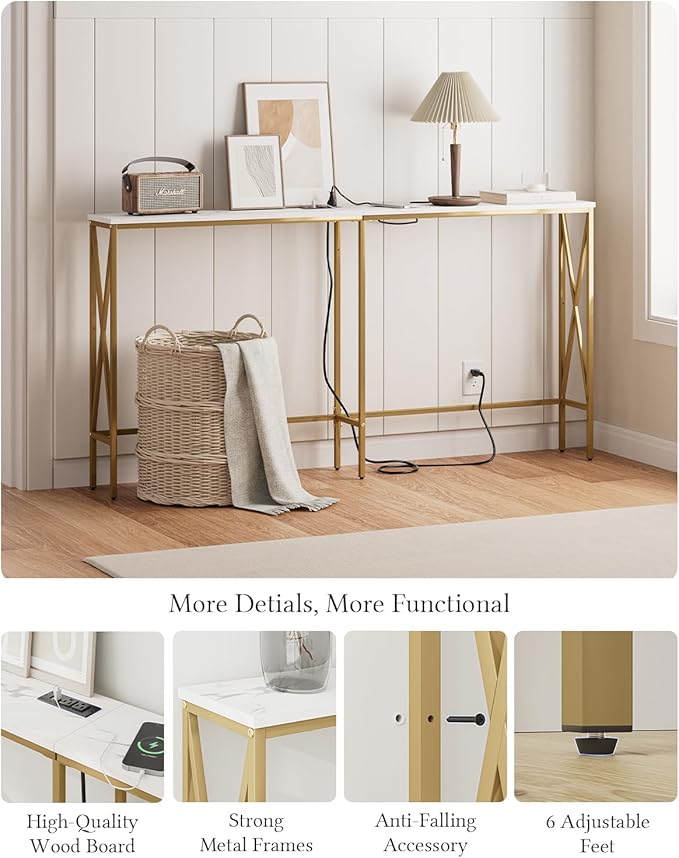 Masupu 63" Console Table, Modern Narrow Long Sofa Table Behind Couch, Skinny Entry Table, Industrial Sofa Table with Metal Frame for Hallway, Living Room, Marble White