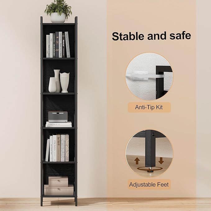 Homhedy 6 Tier Bookshelf Bookcase, Tall Narrow Bookshelf for Small Space, Metal Storage Shelves with Back Panel, for Home Office, Living Room, Kitchen, Bedroom, Industrial Style, Black