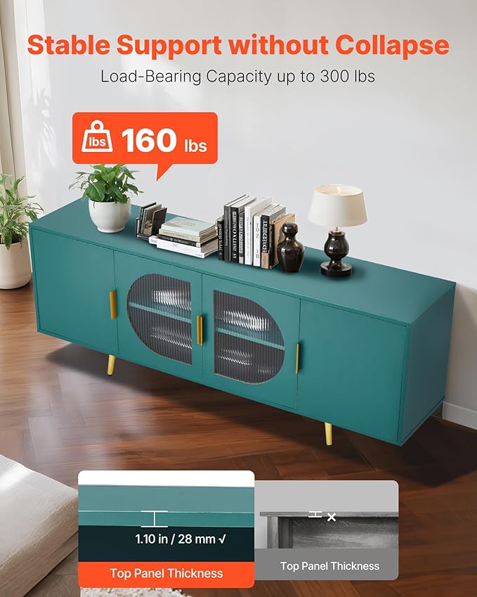 VEVOR TV Stand for TVs up to 75 inch, Modern Entertainment Center with Glass Doors and Gold Legs, TV Cabinet Storage with Adjustable Shelves, Media Console Table for Living Room and Bedroom, Green