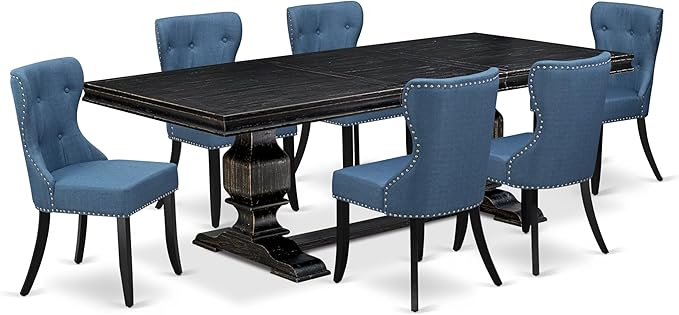 LKSI7-SBB-21-7-Piece Modern Dining Set Consists of a Mid Century Table and 6 Blue Linen Fabric Parson Chairs with Button Tufted Back - Sand Blasting Black Finish