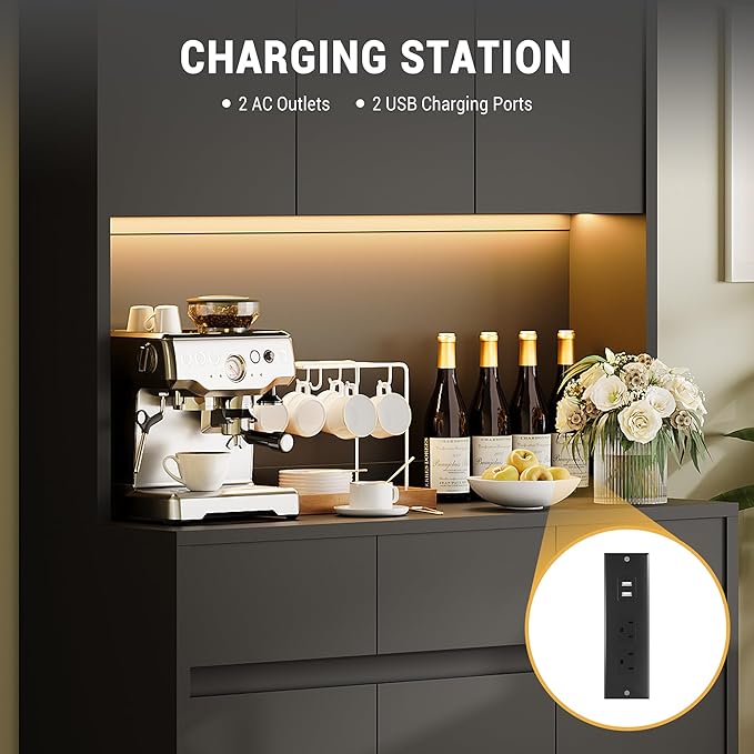 Garvee Kitchen Pantry Storage Cabinet, Tall Storage Cabinet with Doors and Shelves, Kitchen Storage Hutch with Microwave Stand, Led Lights and Charging Station,Corner Pantry Cabinet,Black