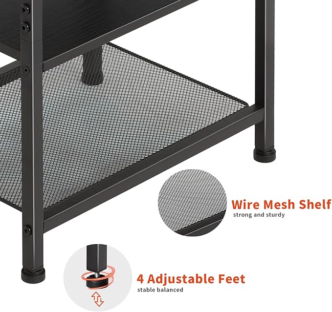 Nightstands Set of 2 with Charging Station and Drawer, End Table Side Table with 20 Colors LED Light Strip and 2 Layers Shelf for Bedroom Living Room Sofa (Black)