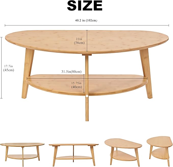 Mid-Century Modern Coffee Table for Living Room, 100% Solid Wood Oval Coffee Table, 2 Tier Wooden Coffee Tables for Home Office Livingroom, 40.2 x 22 Inches Easy Assemble (Natural)