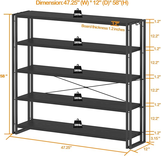 HCHQHS Bookshelf, 5-Tier Industrial Bookcase, Black Open Book Shelf, Freestanding Tall Bookshelves with Metal Frame