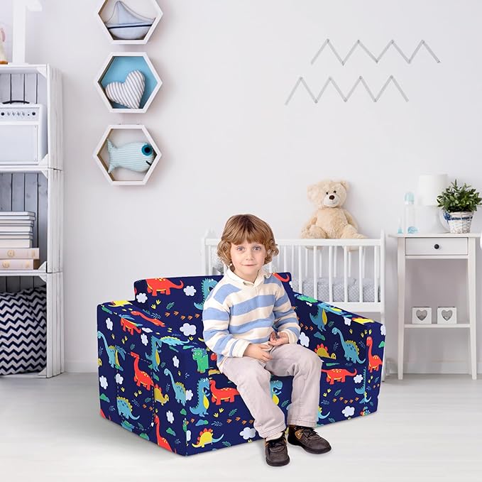 Kids Couch Convertible Sofa to Lounger for Toddler Boy, Foldable 2-in-1 Kids Sofa Bed, Toddler Chairs Comfy for Bedroom Playroom, Blue Dinosaur